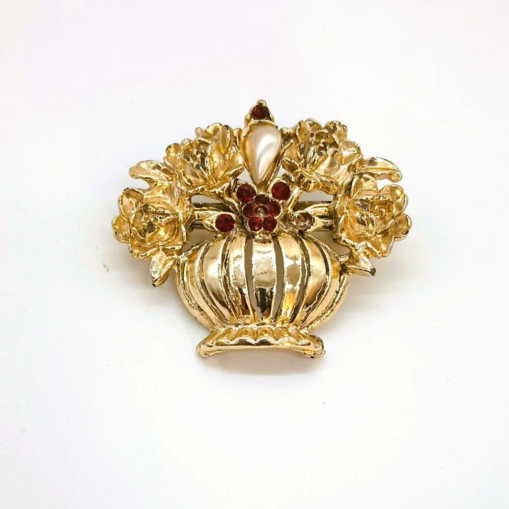 Gold Red Flower Bouquet Brooch Women's Vintage Rhinestones and Pearl Pin Jewelry